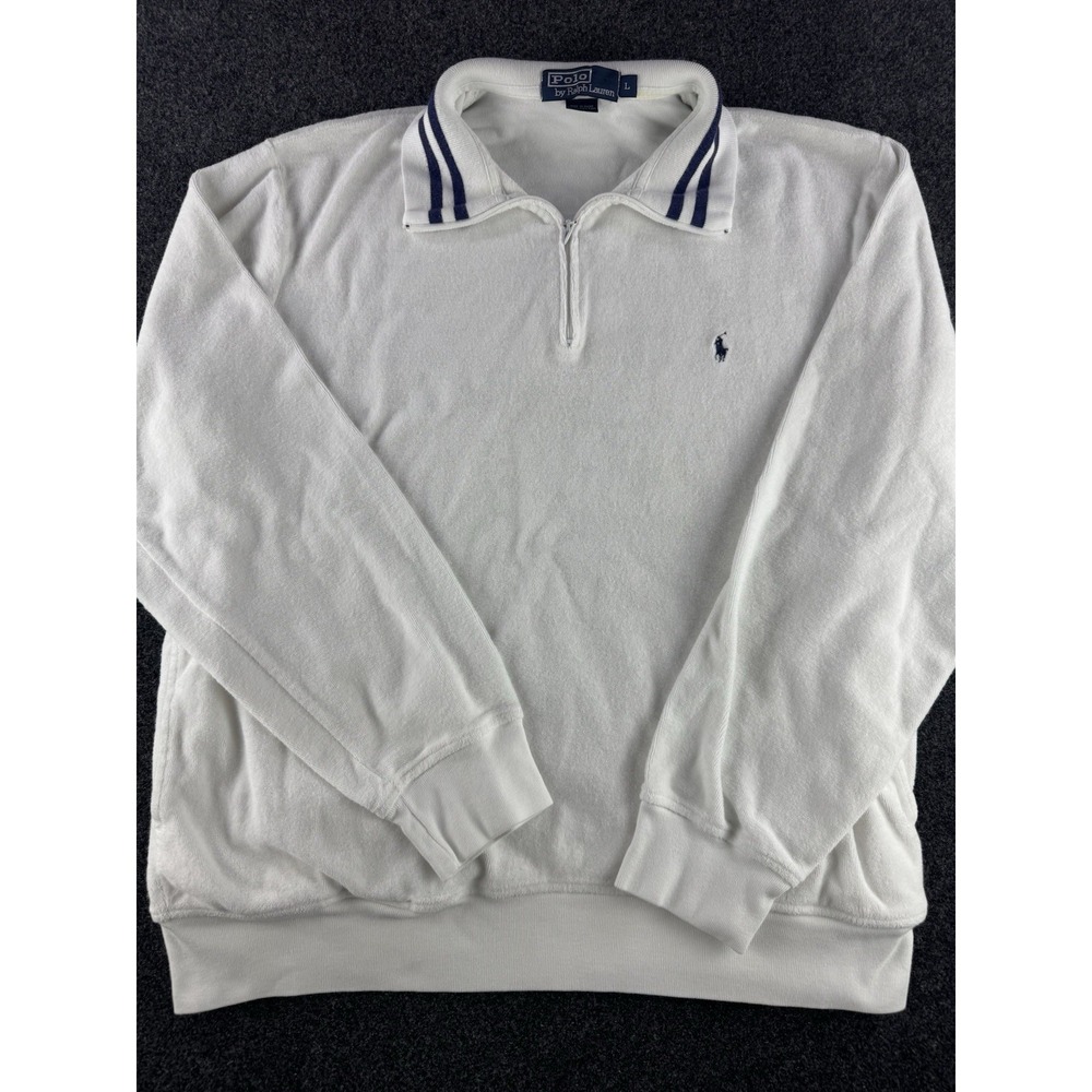 Vintage Polo Ralph Lauren Quarter Zip Terry Sweatshirt Mens L White - Picture 2 of 9
